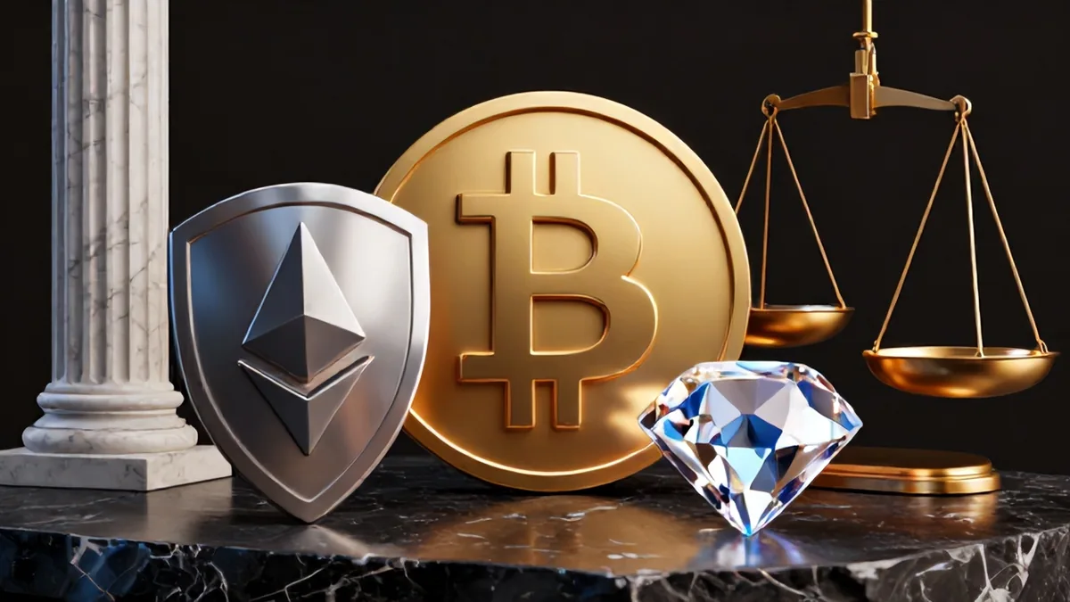 Editorial concept art showing massive brass regulatory scales weighing digital assets against security vault structures under dramatic studio lighting.