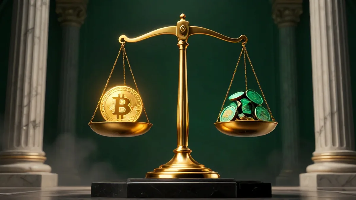 3D editorial visual of classical bronze scales balancing a glowing Bitcoin emblem against legal seals and marble columns in dramatic lighting.