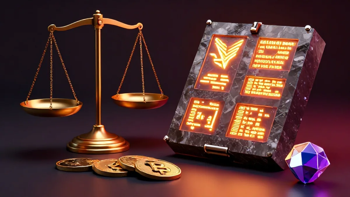 A conceptual studio shot of a massive digital ledger illuminated by harsh blue light, with legal scales resting beside a glowing Bitcoin symbol.