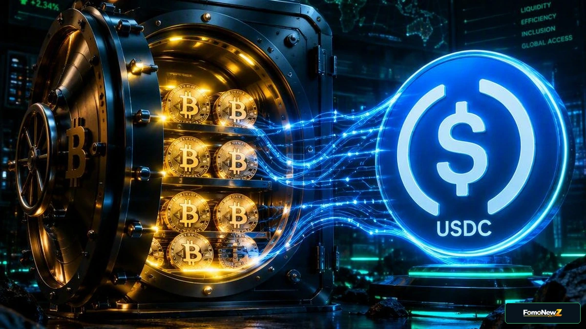An editorial illustration showing a secure digital vault locking up Bitcoin symbols, connected by glowing blue lines to a USDC coin, representing institutional liquidity.