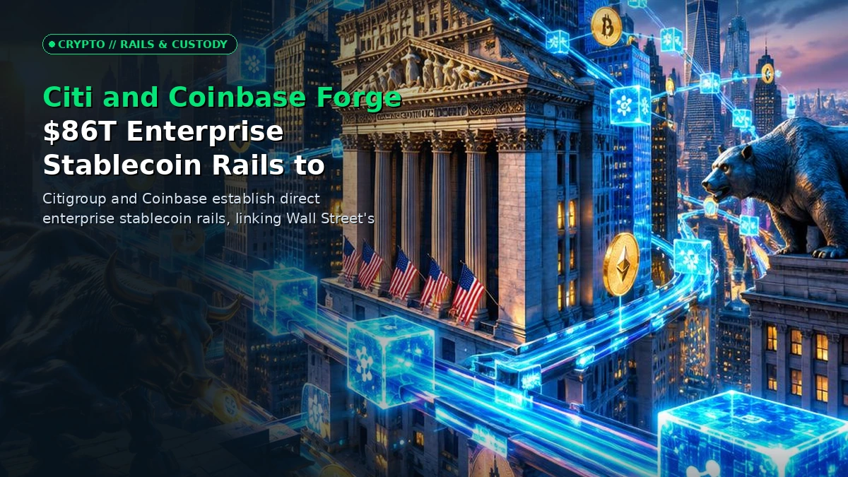 Corporate skyscrapers and digital blockchain ledgers merging via a secure technological pipeline representing Citi and Coinbase settlement rails