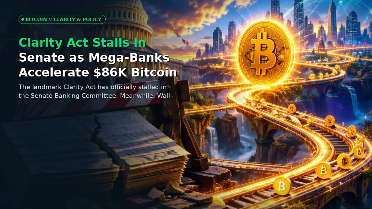 A grand neoclassical Senate building juxtaposed with glowing digital blockchain rails and a hovering Bitcoin symbol at $86,000.