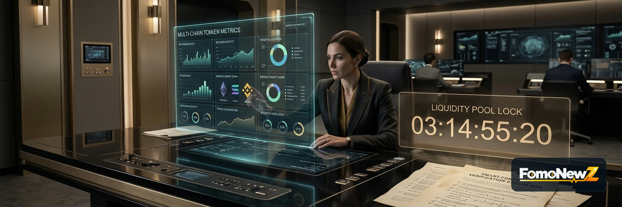 High-tech launchpad mission terminal with multi-chain token launch metrics, liquidity lock timers, and contract verification checks