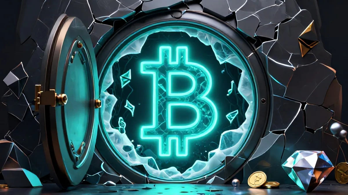 A massive institutional digital vault cracking open with frozen digital assets cascading into dark trading platforms