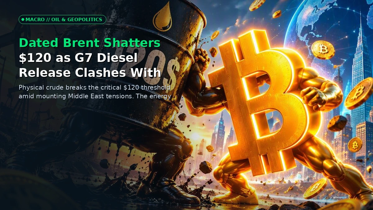 A massive digital barrel of Dated Brent crude glowing at $120 next to a resilient Bitcoin symbol weathering a turbulent financial storm