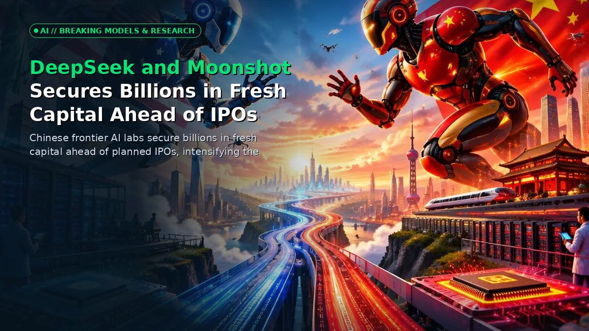 Editorial 3D concept art depicting the US-China AI race with digital server clusters and financial data streams