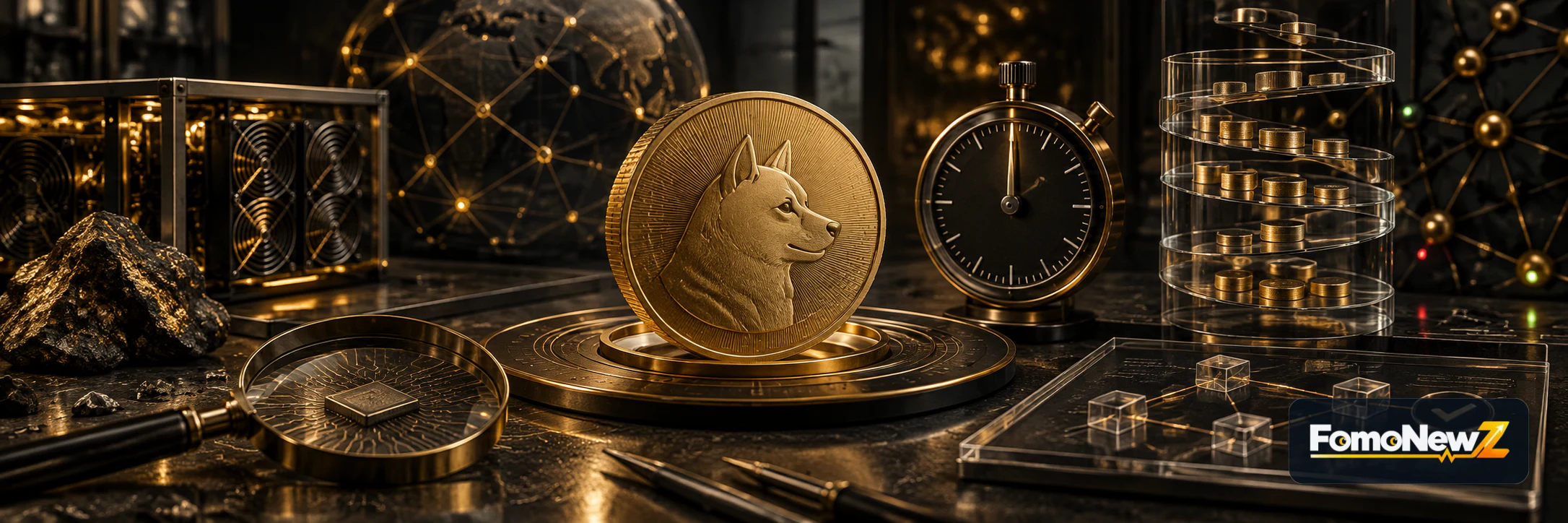 A generic canine-emblem coin beside mining hardware, a timing dial and transparent supply rings