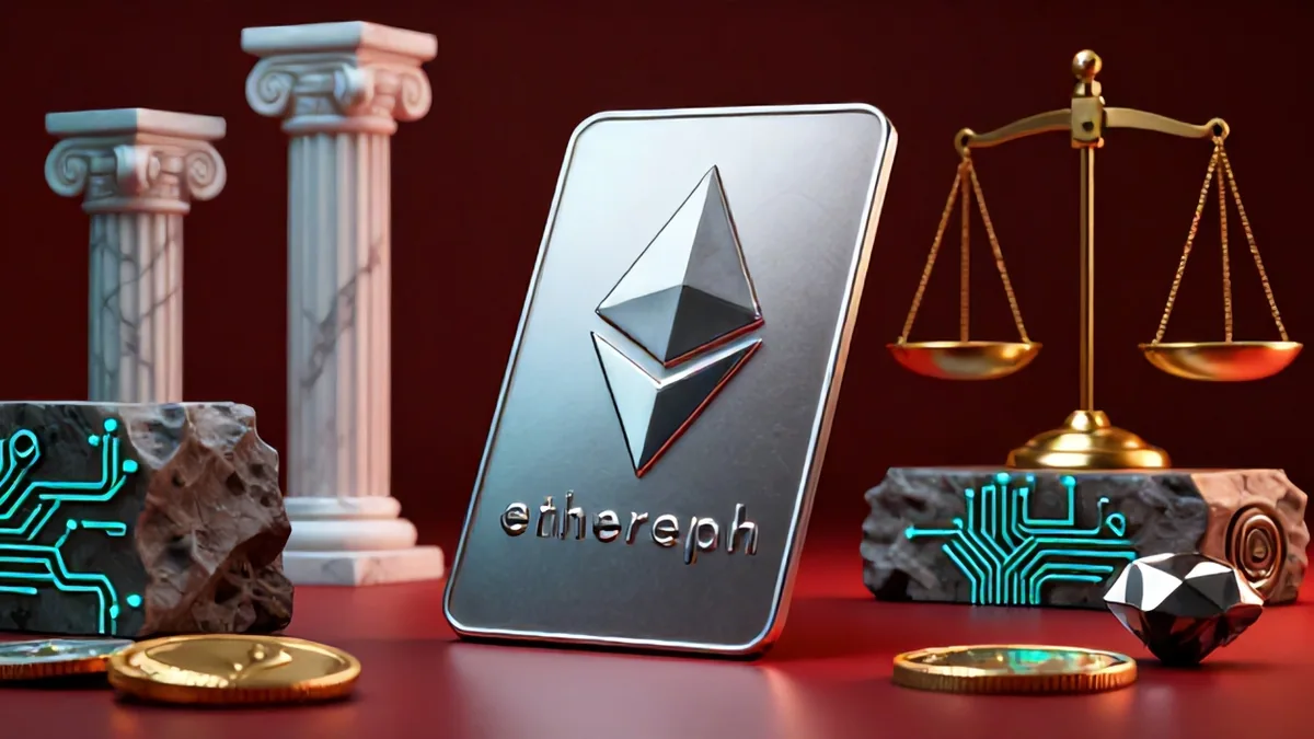 Cinematic editorial illustration of massive neoclassical stone columns interlocking with glowing digital blockchain ledgers and titanium circuit plates under dramatic studio lighting.