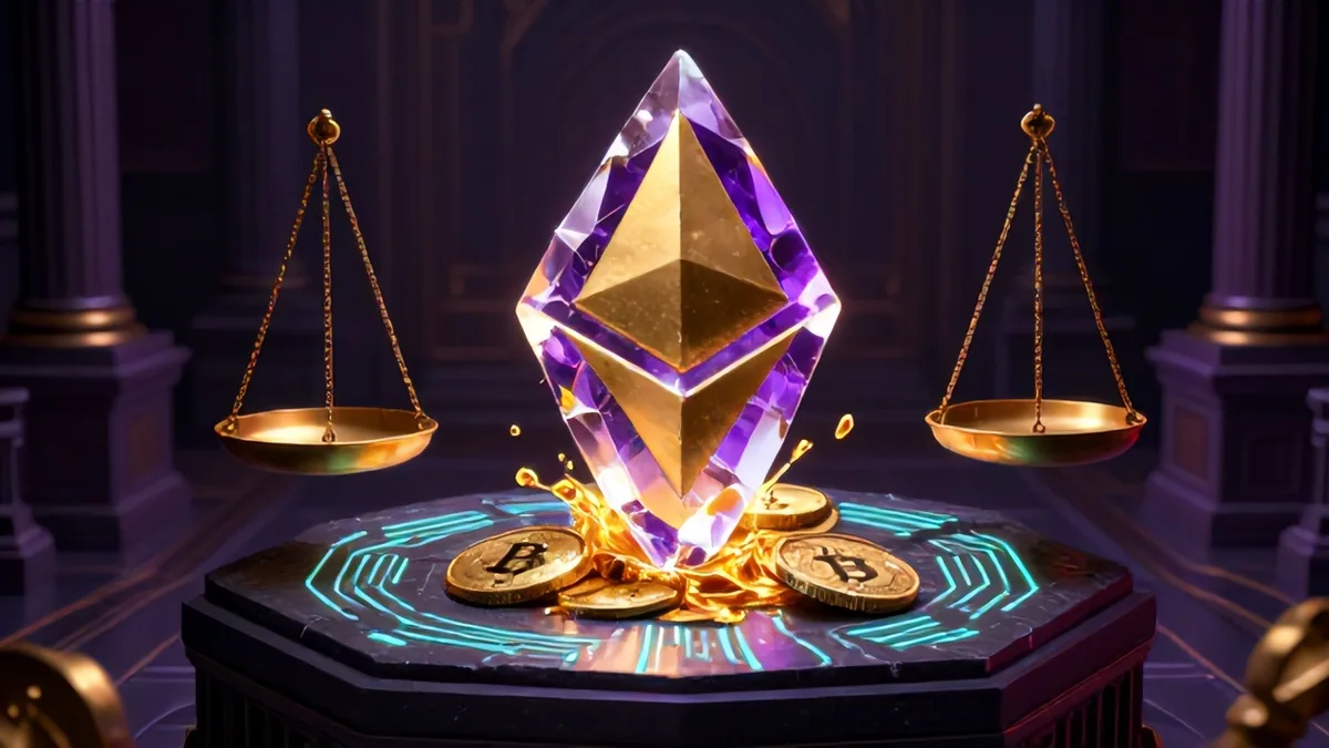3D editorial illustration of a fractured glowing Ethereum crystal shedding molten digital gold onto a dark basalt trading slab.