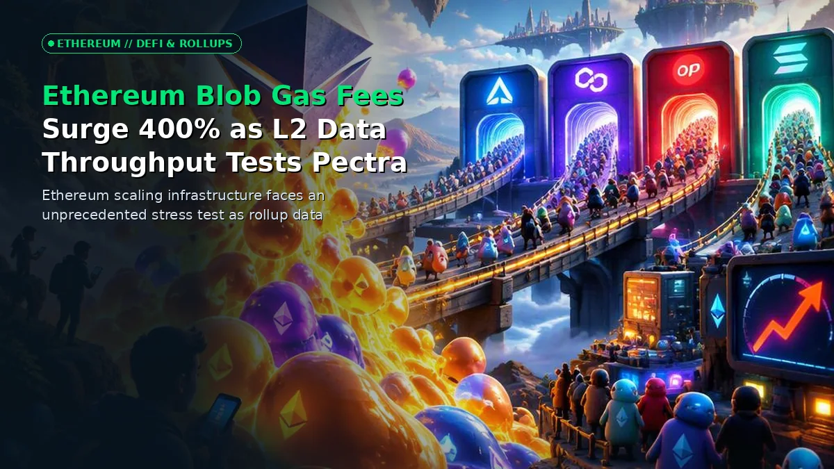 Futuristic 3D visualization of Ethereum blockchain infrastructure with glowing data blobs and network gas meters