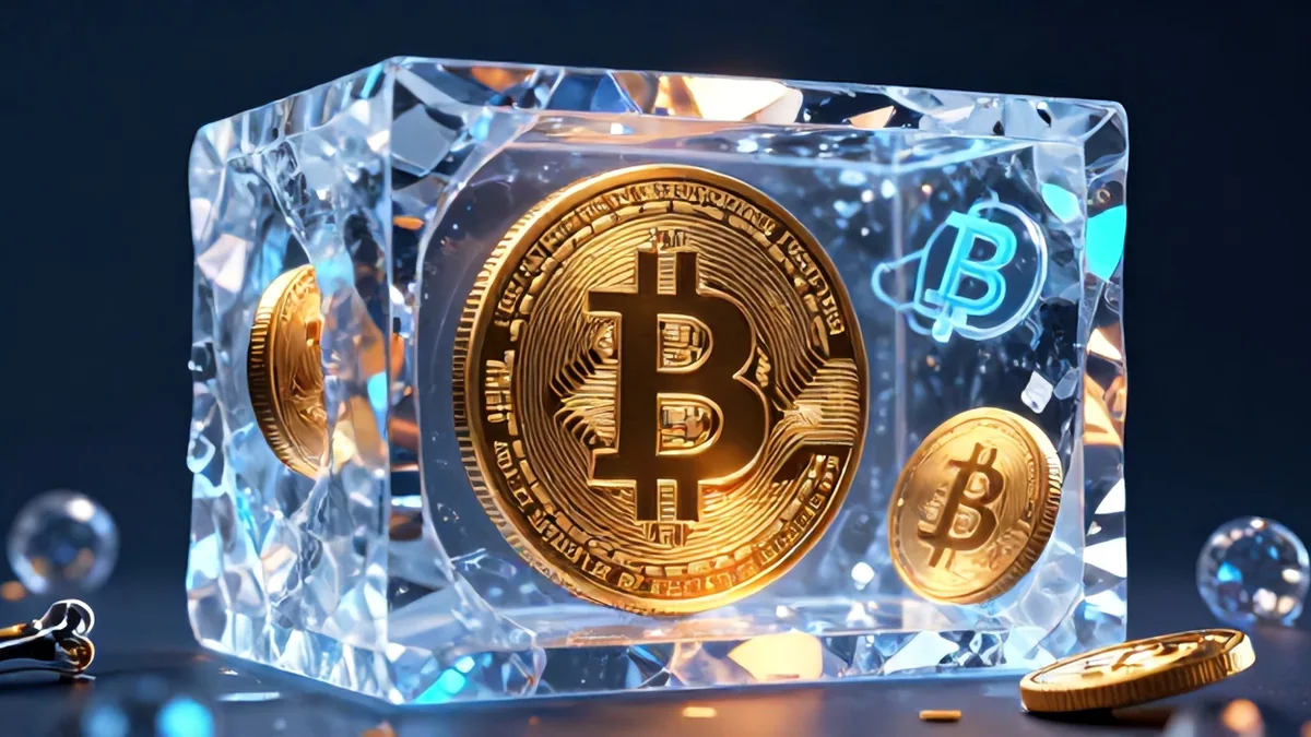 Editorial illustration of glowing Ethereum tokens trapped inside transparent glass vaults with freezing crystalline circuits.