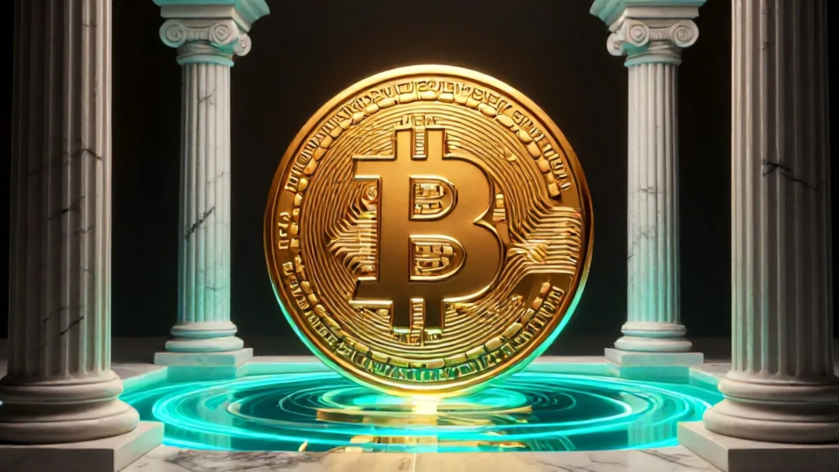 Abstract 3D architectural rendering of digital liquidity pools holding firm against turbulent blue energy waves on the Ethereum network