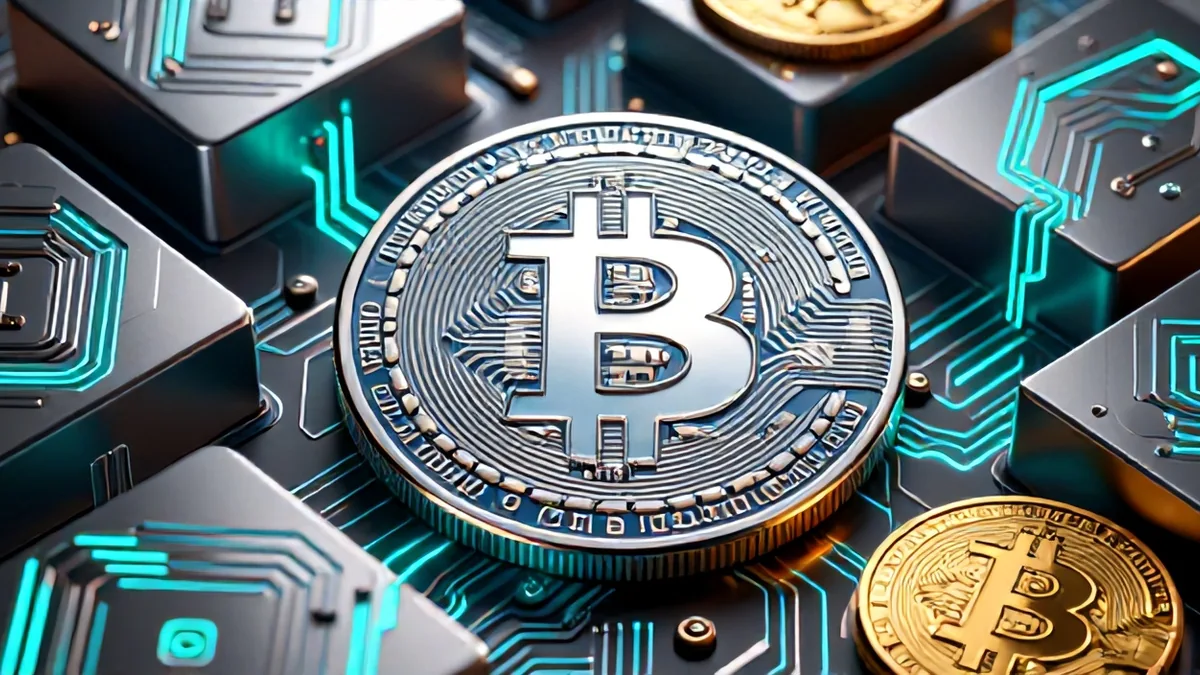 A massive digital vault with glowing blue Ethereum nodes struggling against heavy mechanical profit margins and data blocks.