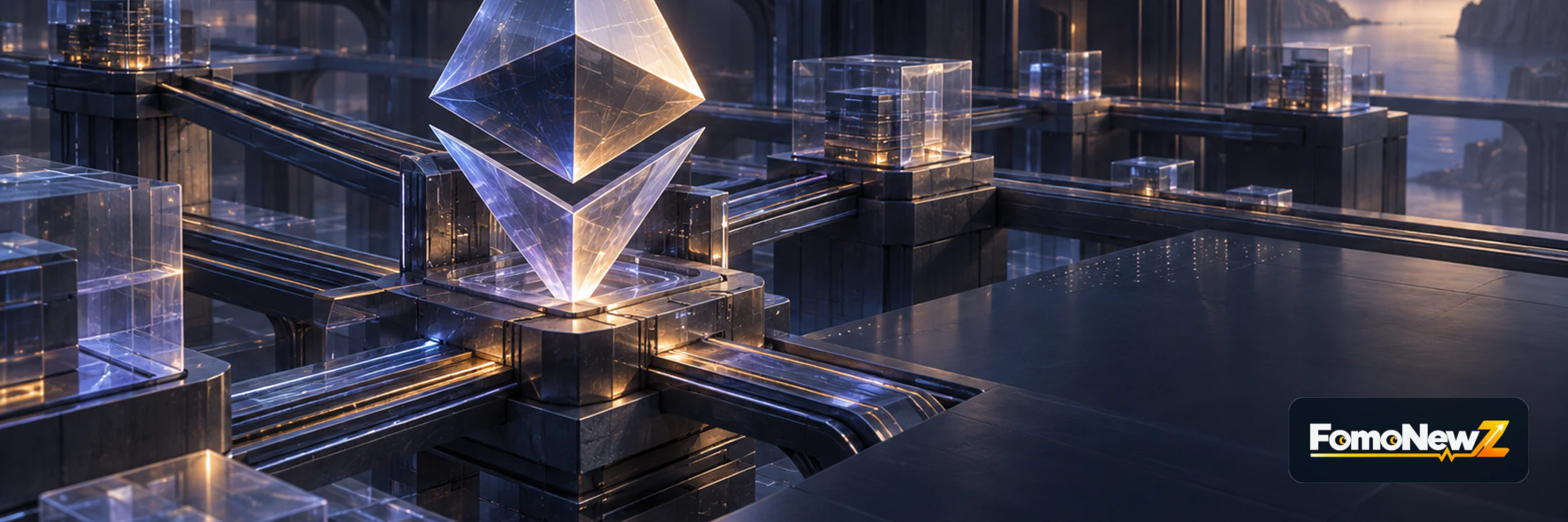 An Ethereum symbol formed from violet glass above layered blue rollup pathways and validator lights