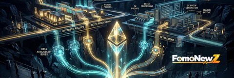 Abstract diagram displaying Ethereum Layer-1 consensus blocks connected to high-frequency Layer-2 execution channels