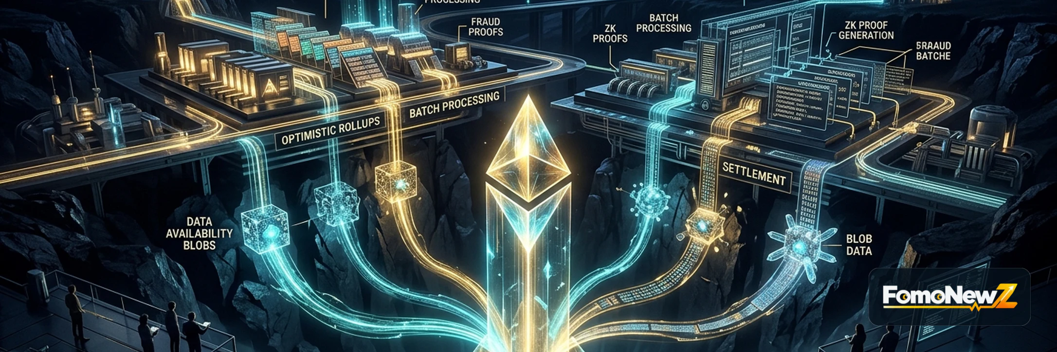 Layer 2 modular blockchain diagram showing Optimistic and ZK rollups posting state blobs to Ethereum Layer 1 consensus