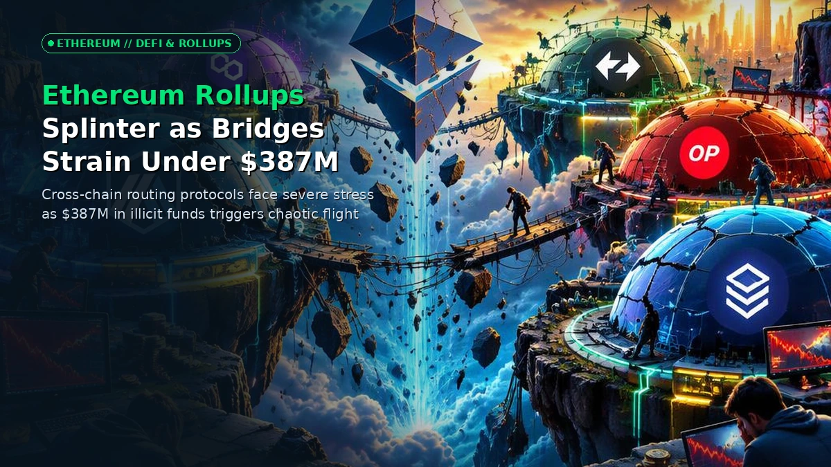 Abstract editorial illustration of Ethereum rollup liquidity fracturing under the weight of massive hacker outflows across glowing digital bridge networks.