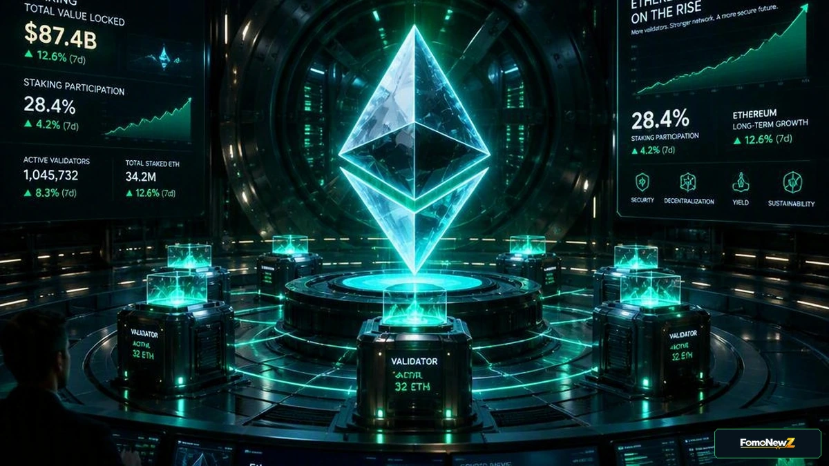 Abstract representation of digital Ethereum network nodes glowing with high-yield staking metrics and institutional liquidity flows.