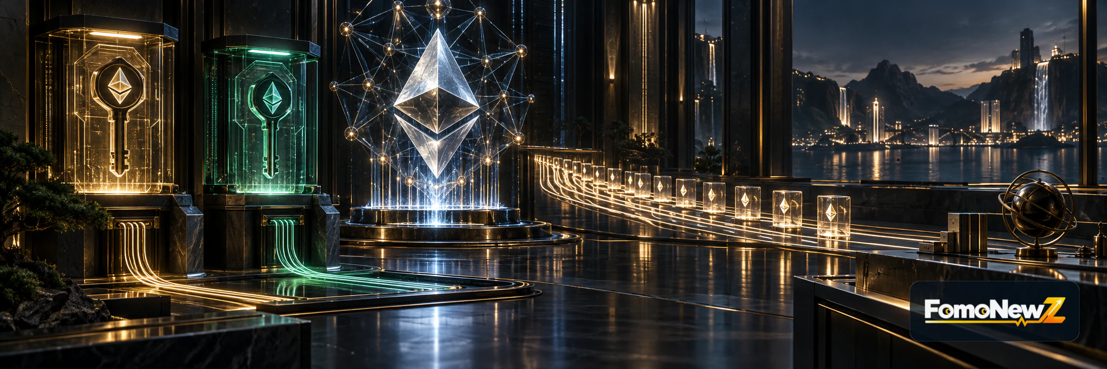 Ethereum validator operations room with two secure credential paths and an orderly withdrawal queue