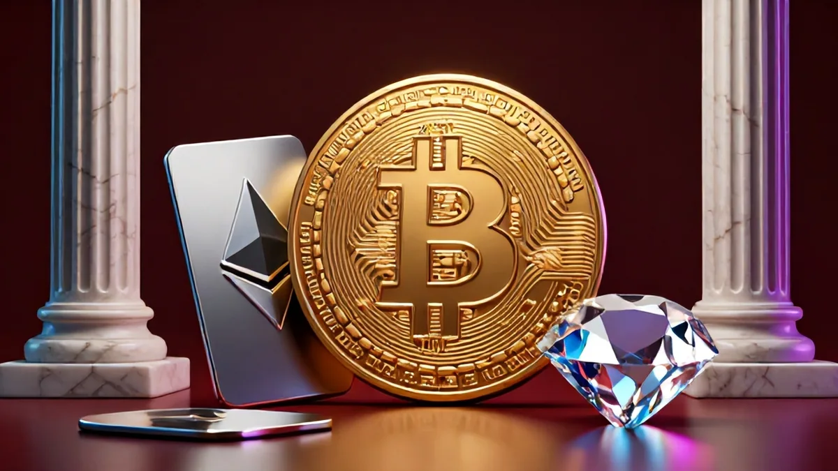 Editorial 3D concept art of French financial architecture intersecting with digital stablecoin circuit boards under dramatic studio lighting