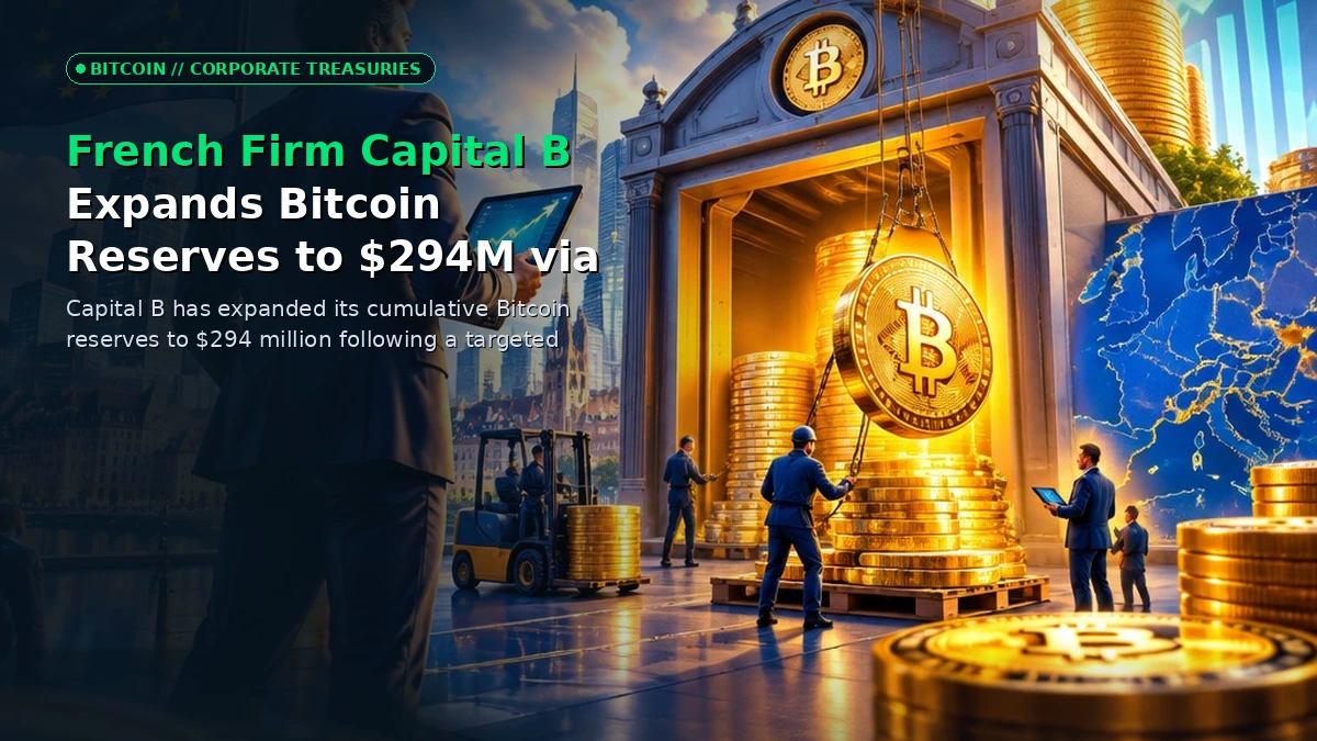 3D editorial illustration of corporate financial data scaling alongside a gleaming Bitcoin symbol representing Capital B's treasury expansion
