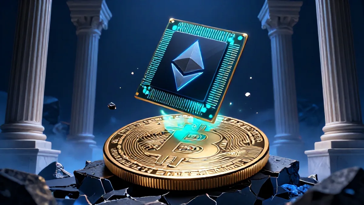 3D editorial illustration of a luminous quantum processor grid interfacing with a monolithic basalt Bitcoin seal