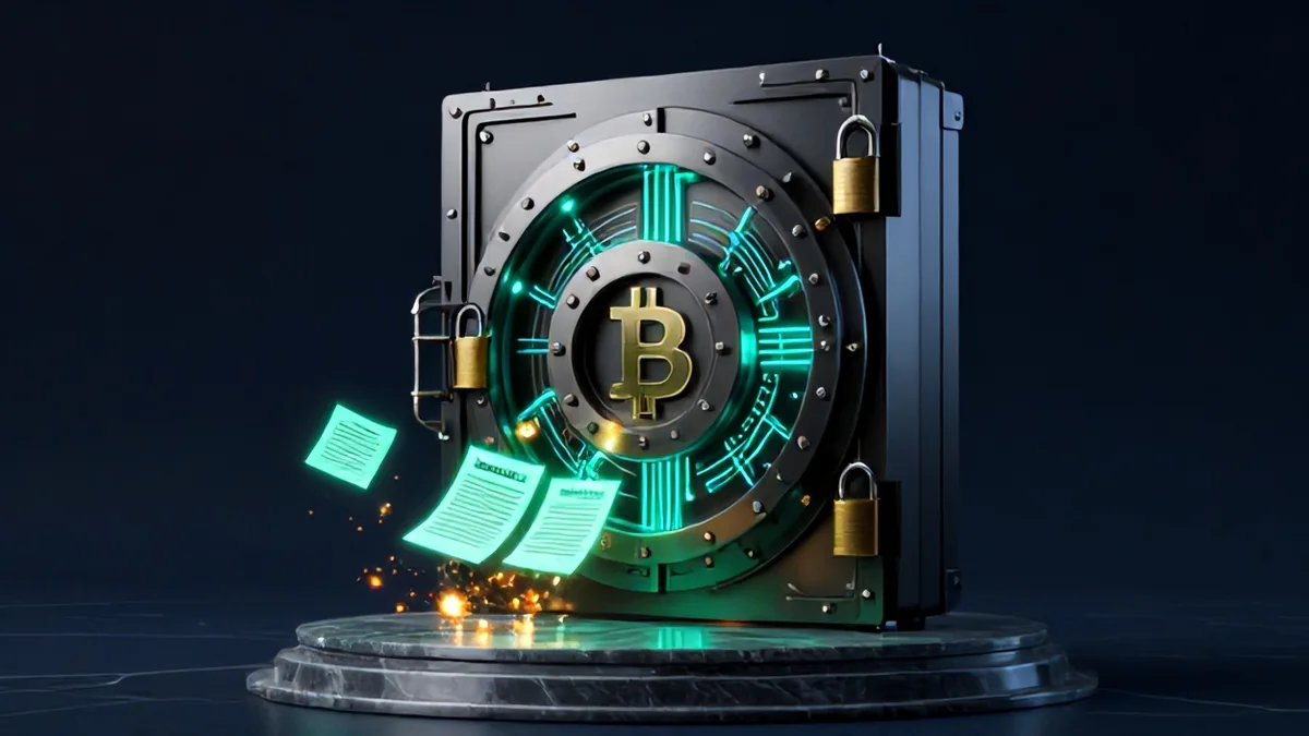 Editorial 3D illustration of a glowing cryptographic vault door with severed permission keys and illuminated security shields.