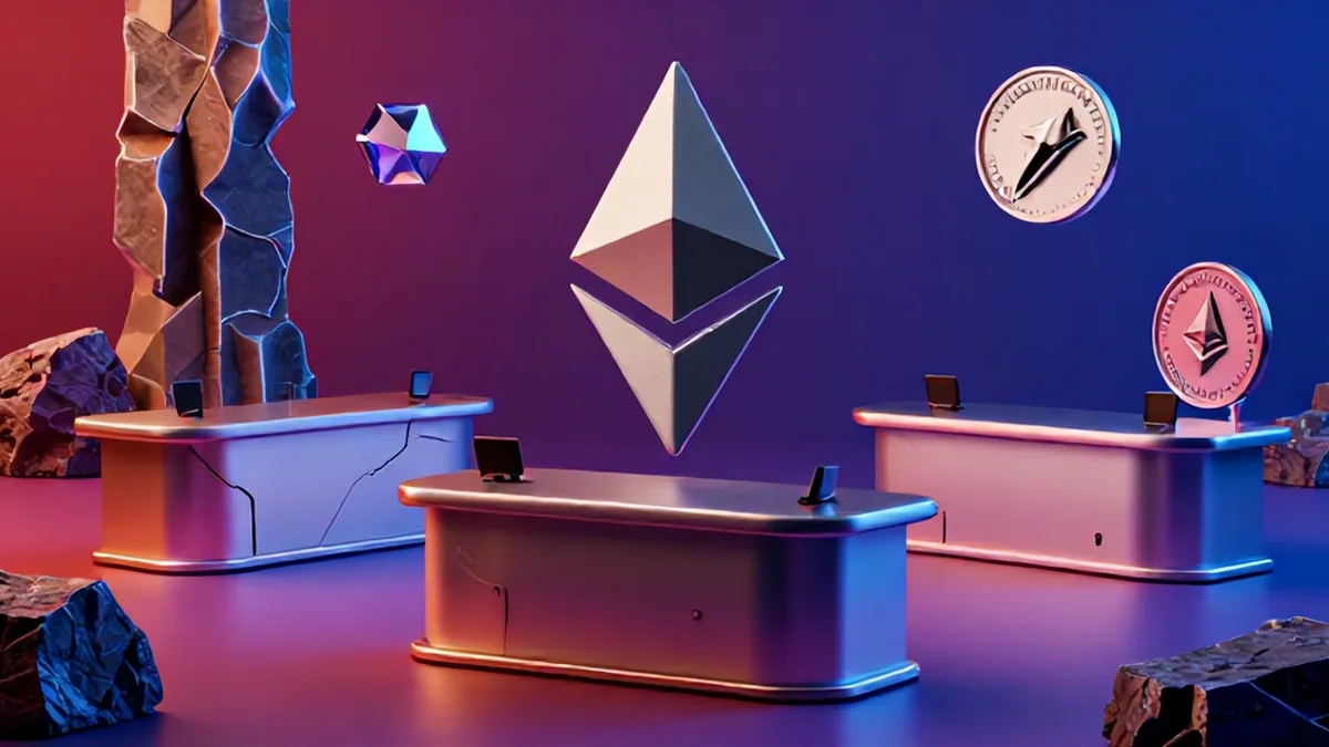 A massive digital trading chart glowing with red warning hues as a towering glass whale structure fractures over a glowing neon financial floor.