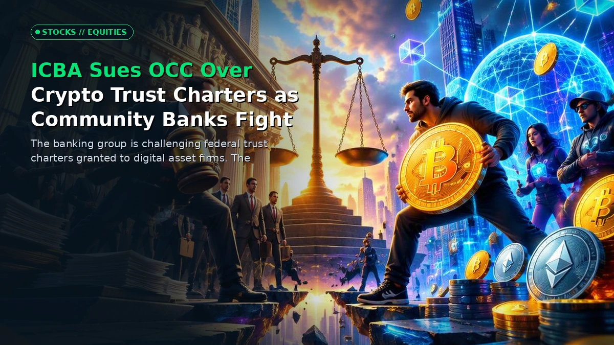 A grand federal courthouse with digital blockchain rails and traditional bank columns locked in a structural legal battle under dramatic volumetric lighting