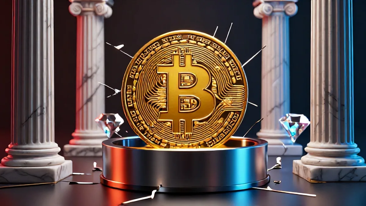 Editorial 3D concept art depicting a massive digital tokenization network clashing with rigid neoclassical banking pillars and liquidity barriers
