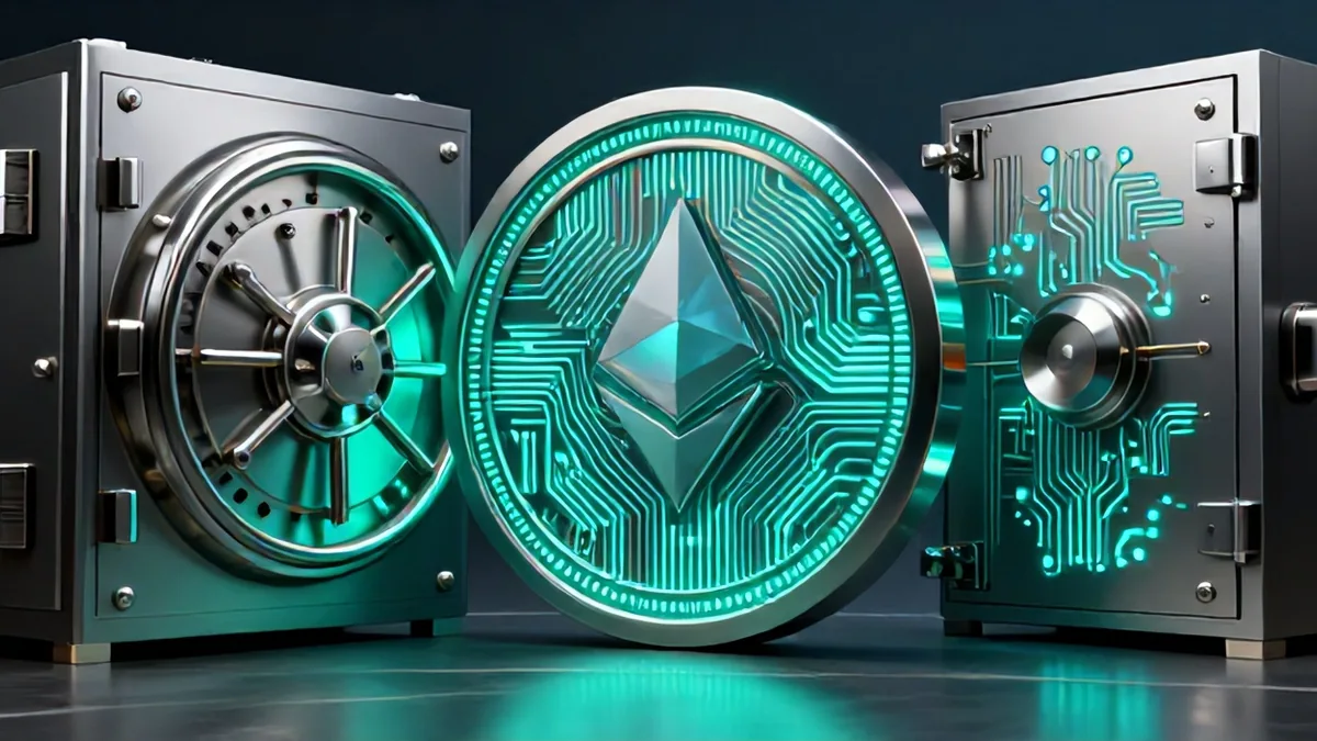 Editorial illustration depicting glowing digital stablecoin tokens locked behind a massive titanium security vault door during a cyber exploit.