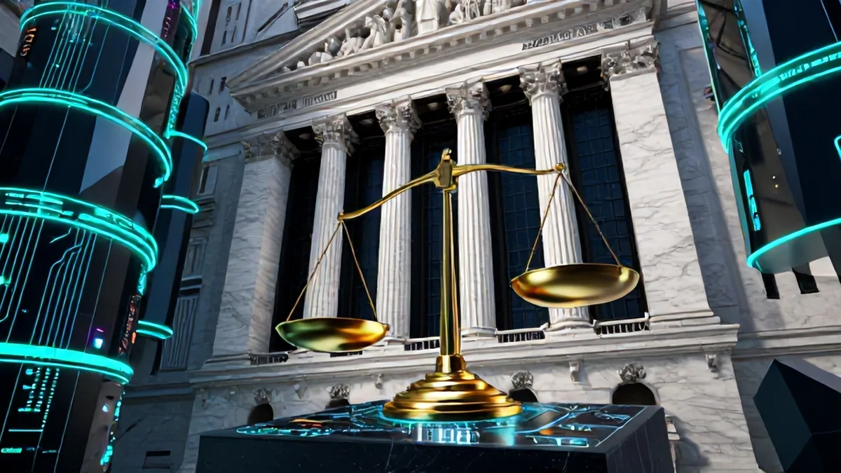 3D editorial illustration of neoclassical marble stock exchange pillars clashing against fractured glowing blockchain circuit rails