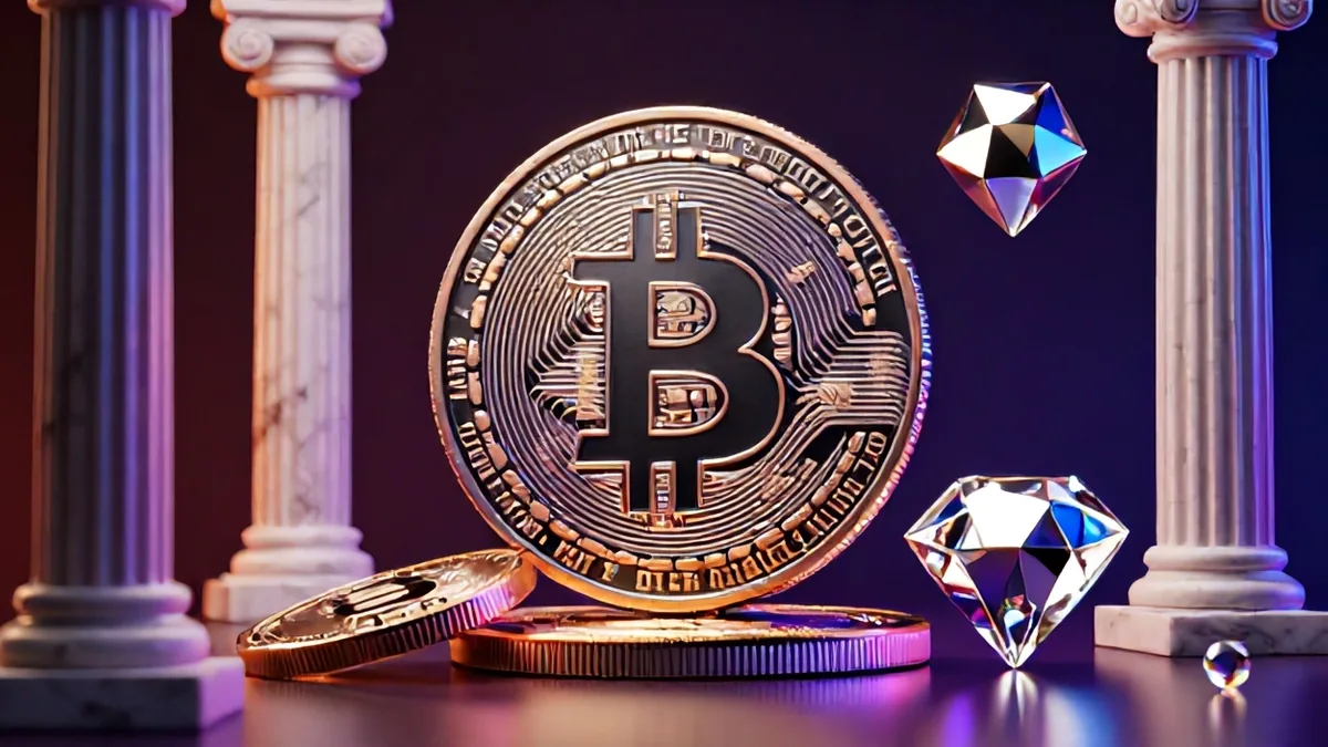 Digital editorial illustration of crude oil barrels alongside glowing Bitcoin tokens against a dramatic Gulf horizon