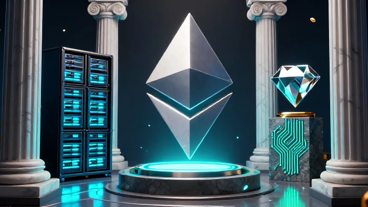 3D editorial illustration of industrial computing server racks bathed in dramatic amber and blue studio lighting with glowing fiber optic cables.