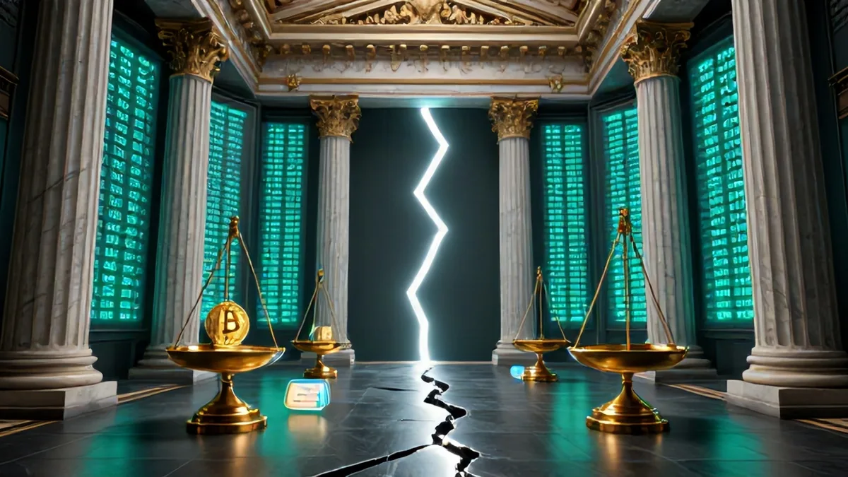 3D editorial rendering of corporate monoliths clashing with glowing tokenized stock depository rails and digital trading tickers