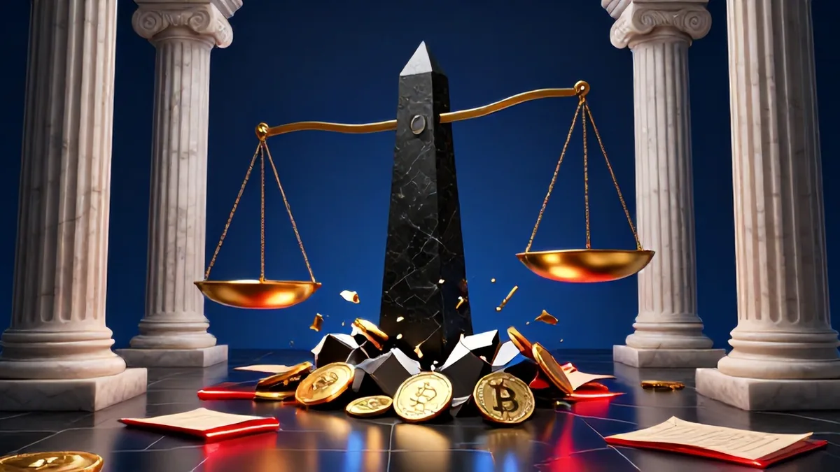 3D editorial illustration of neoclassical corporate treasury pillars fracturing under the weight of a massive Bitcoin obelisk and cash dividend ledgers