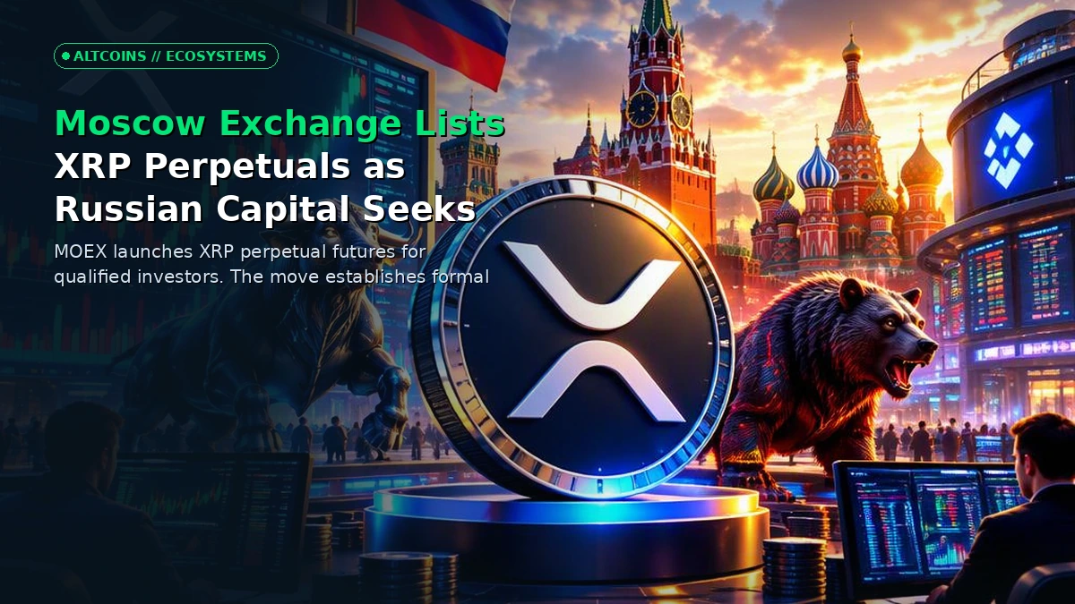 A digital financial terminal displaying XRP perpetual futures charts against a backdrop of the Moscow Exchange building.