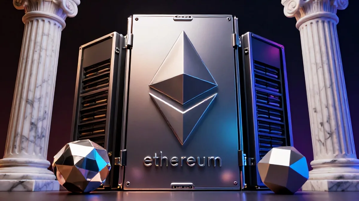 Editorial 3D concept art of towering ASIC server racks glowing with turquoise circuit lines inside a high-tech corporate server vault