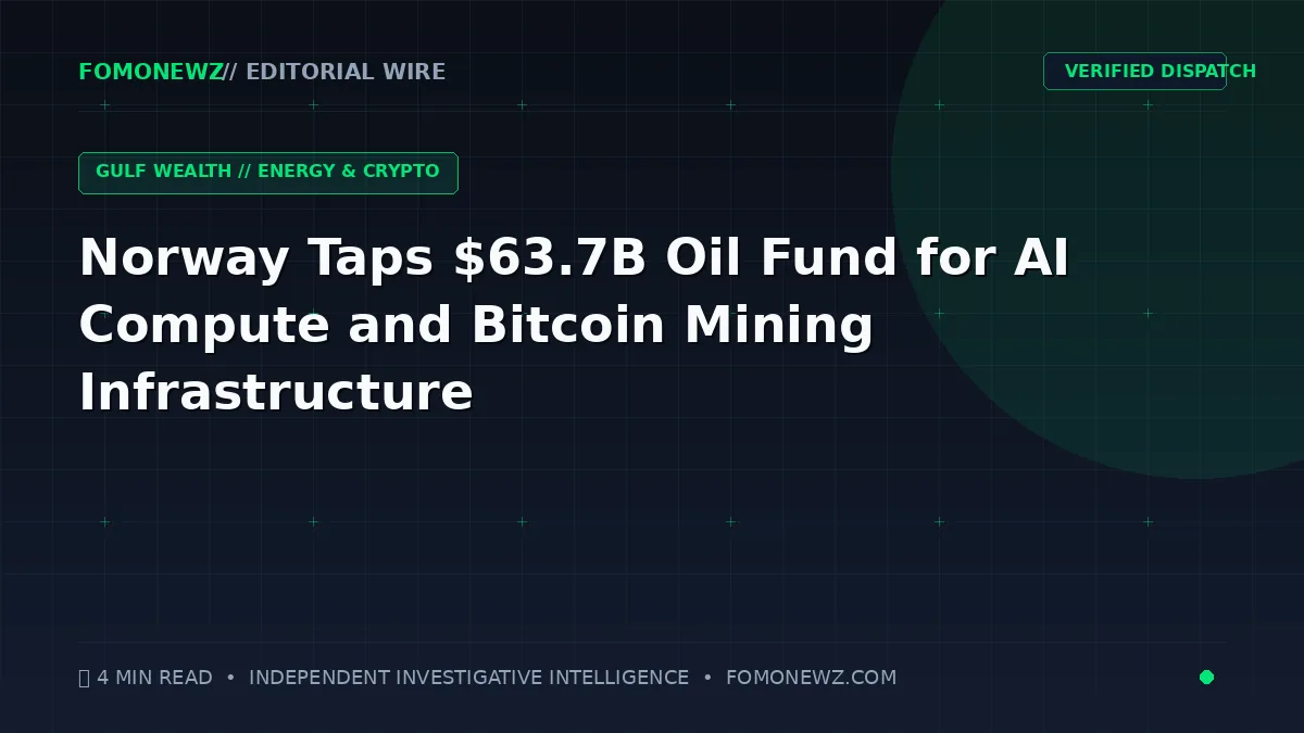 Digital visualization of Norway's sovereign oil fund flowing into Arctic AI compute and Bitcoin mining facilities.