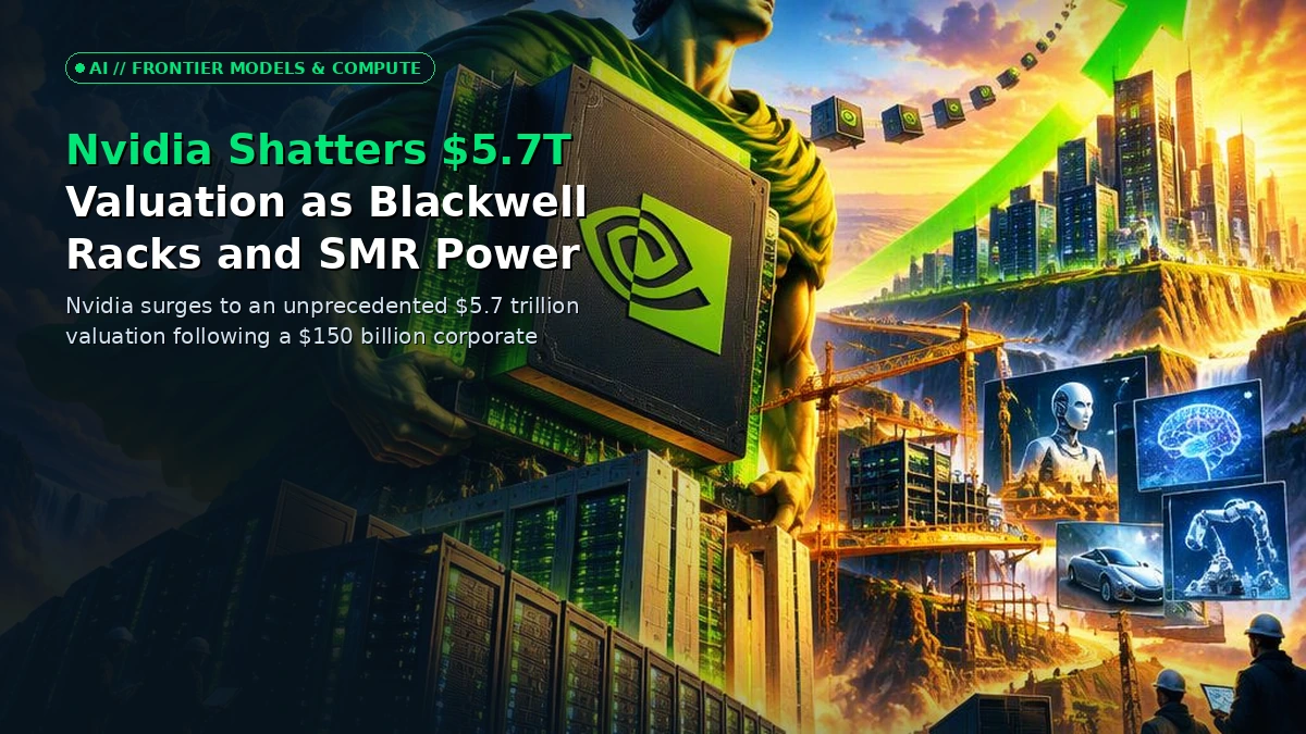 Cinematic 3D render of futuristic Nvidia Blackwell server racks glowing with neon blue and green light amidst nuclear SMR power plant silhouettes