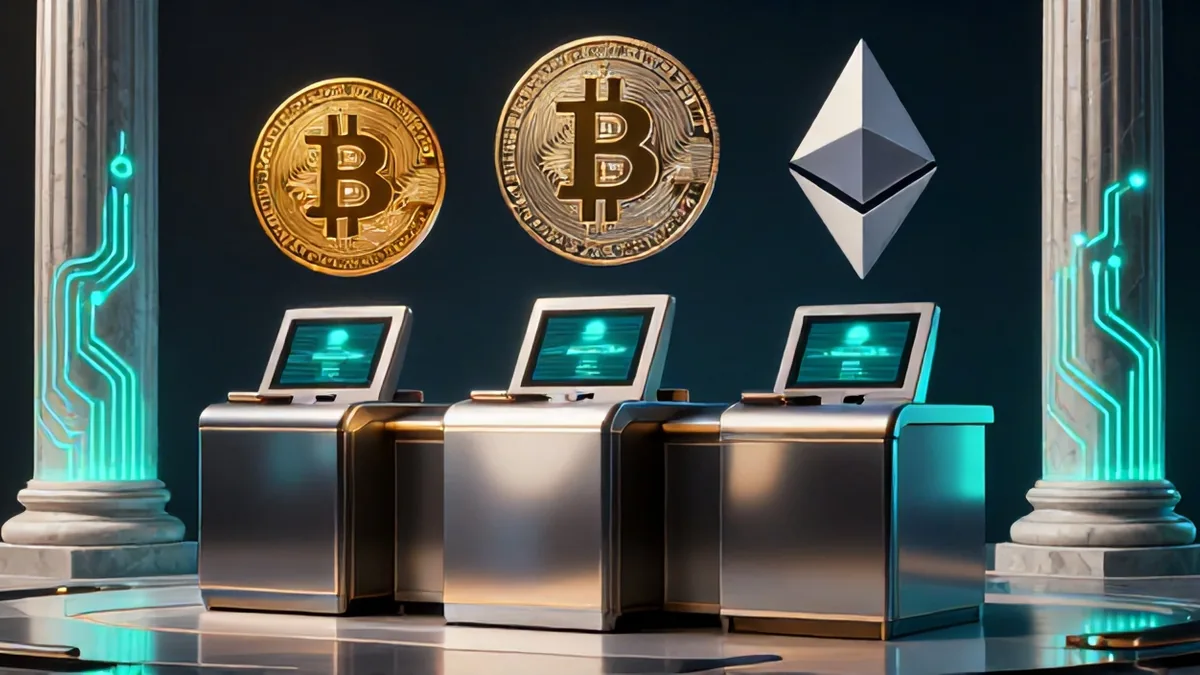 3D editorial illustration depicting digital stablecoin rails intersecting with traditional neoclassical banking pillars under dramatic studio lighting