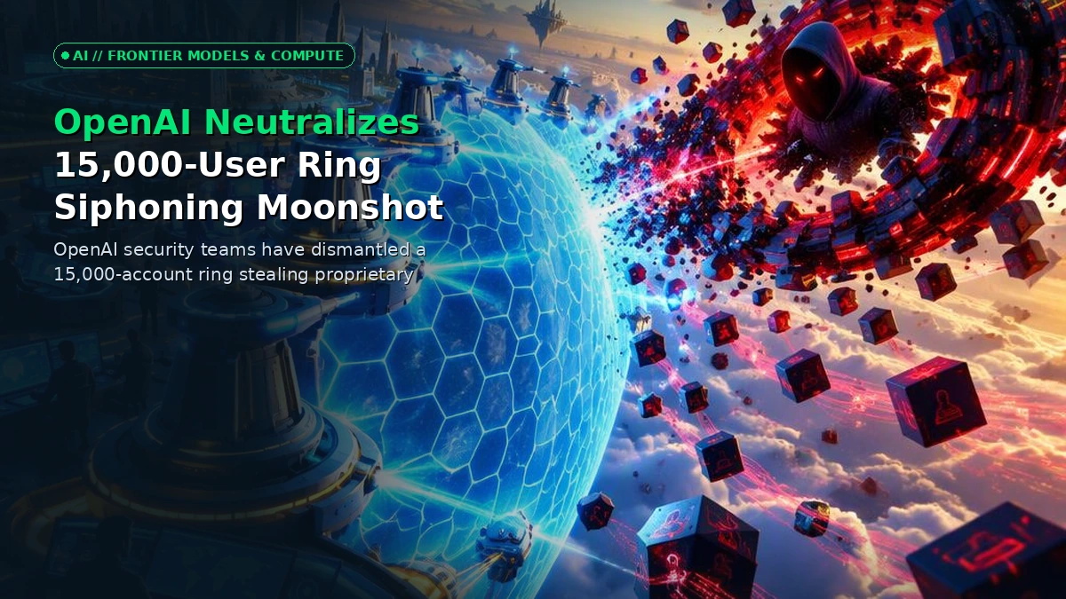Cybersecurity defense grid glowing with data streams and intercepted network nodes representing the OpenAI and Moonshot breach.