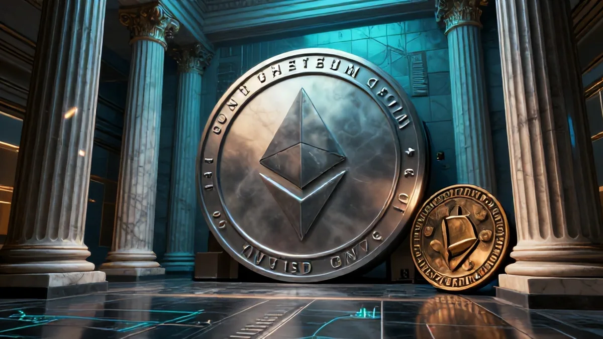 A heavy bronze Keystone emblem embedded in neoclassical marble steps beside a glowing digital Bitcoin vault inside a state treasury hall.