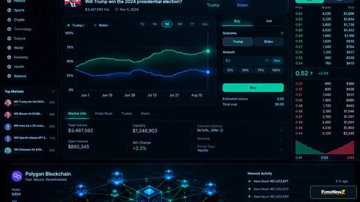Digital trading terminal displaying decentralized Polymarket probability curves against traditional sportsbook odds screens with neon green order books