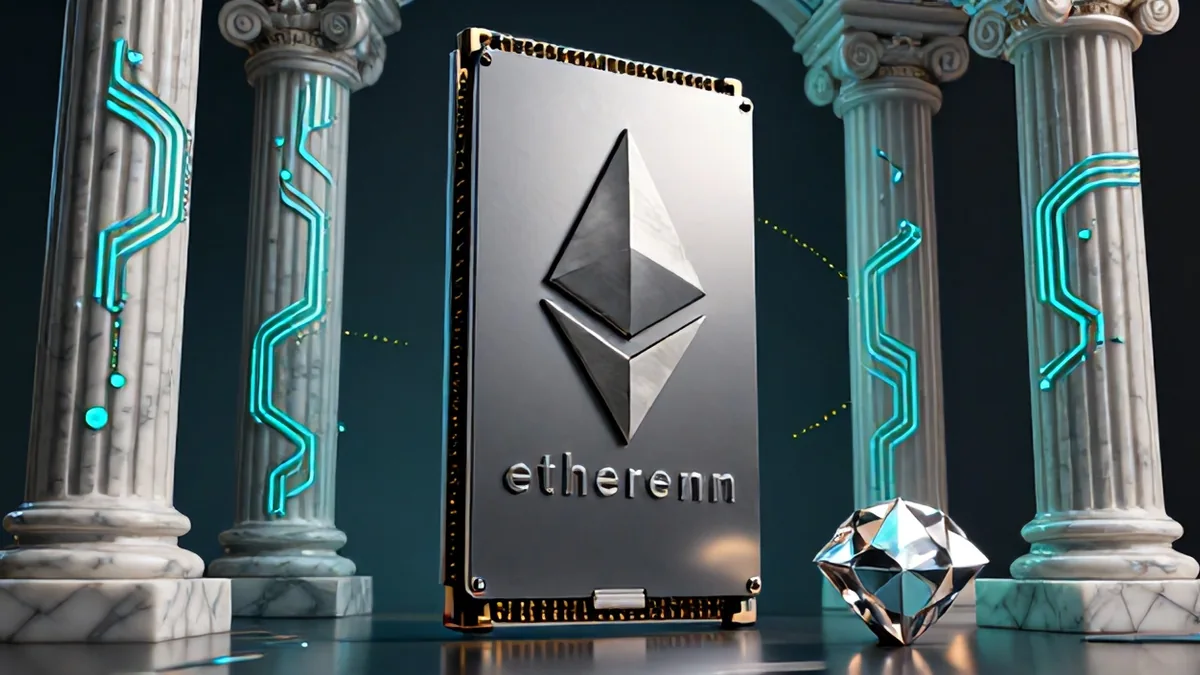 Cinematic 3D render of a massive basalt server stack glowing with turquoise circuit patterns beside a golden Bitcoin physical token and neoclassical Qatari marble architecture.