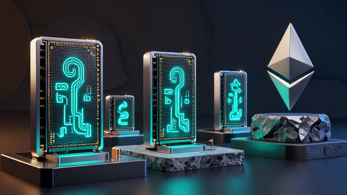 Cinematic 3D render of quantum computing hardware juxtaposed against illuminated Bitcoin cryptographic keys carved into ancient stone tablets.