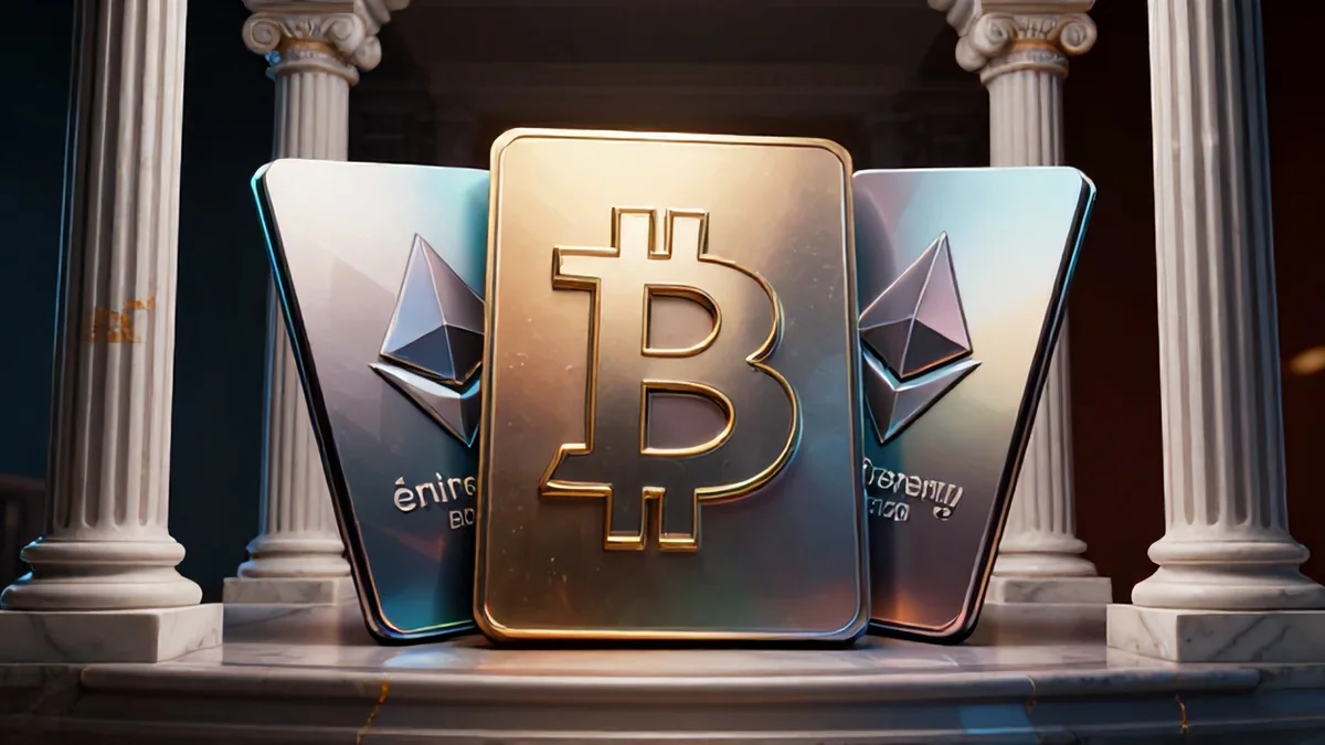 Editorial 3D concept art depicting a quantum processor shielded behind heavy cryptographic brass scales under dramatic studio lighting.