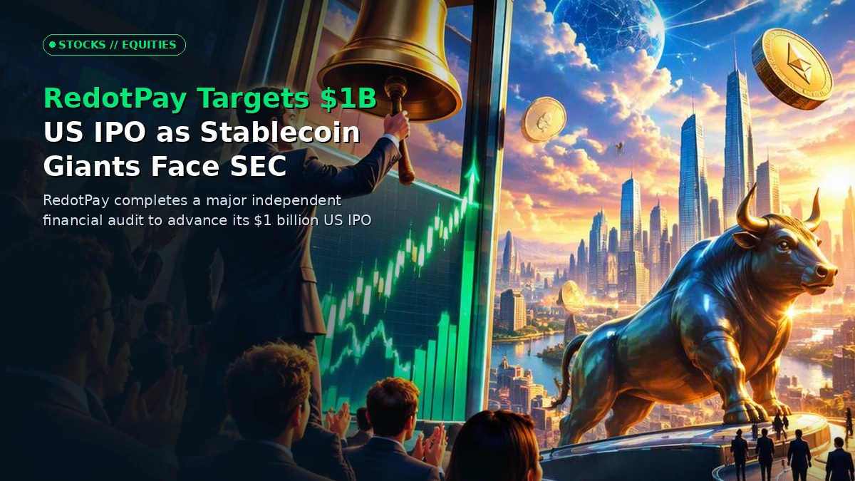 A gleaming corporate skyscraper reflecting digital stablecoin ledgers and stock market charts under a bright sky