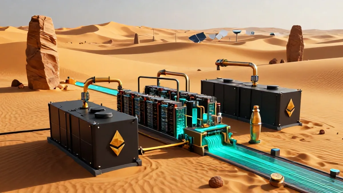 3D editorial illustration of industrial Bitcoin ASIC mining rigs linked to desert flare-gas pipelines under dramatic sunset lighting.