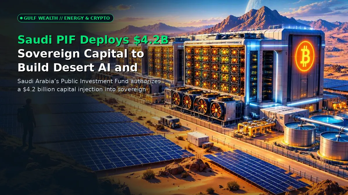Futuristic desert AI compute and Bitcoin mining facility powered by solar arrays and natural gas infrastructure under a vibrant sunset sky